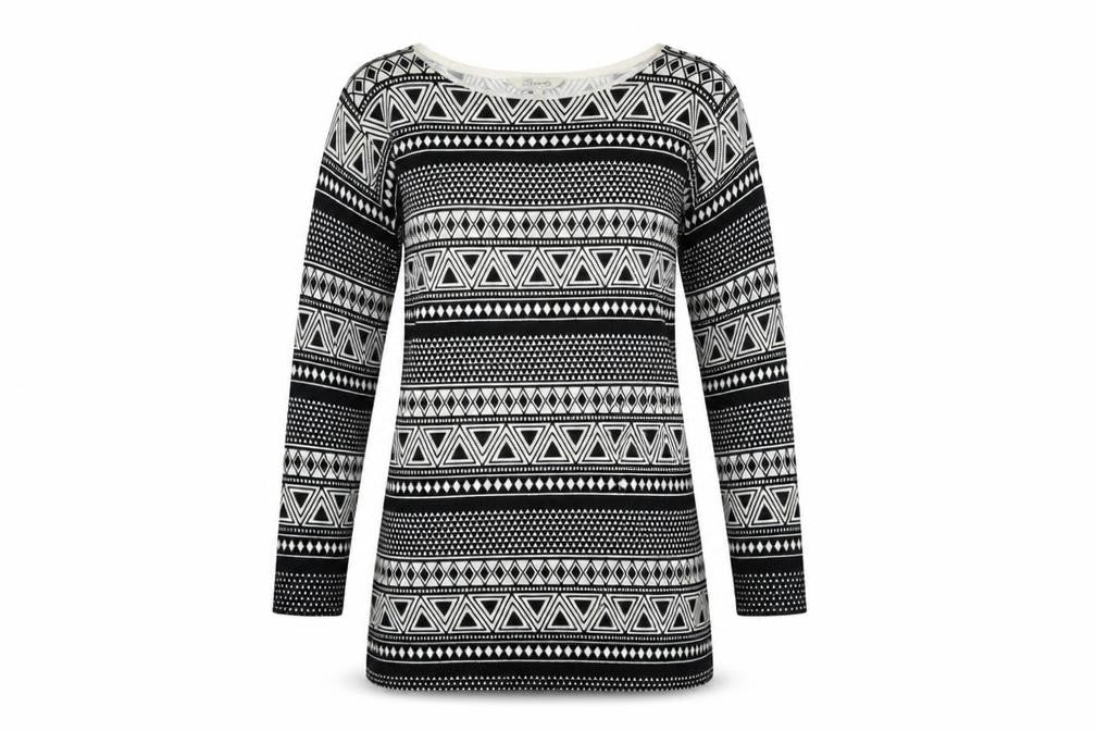 Front view of Peacocks women’s black geometric basic blouse, size UK 12