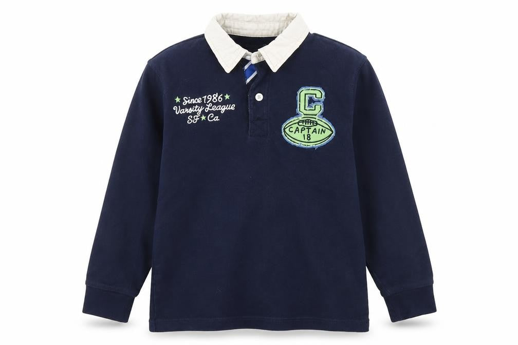 Front view of Gap boys’ blue henley jumper, size 7, years