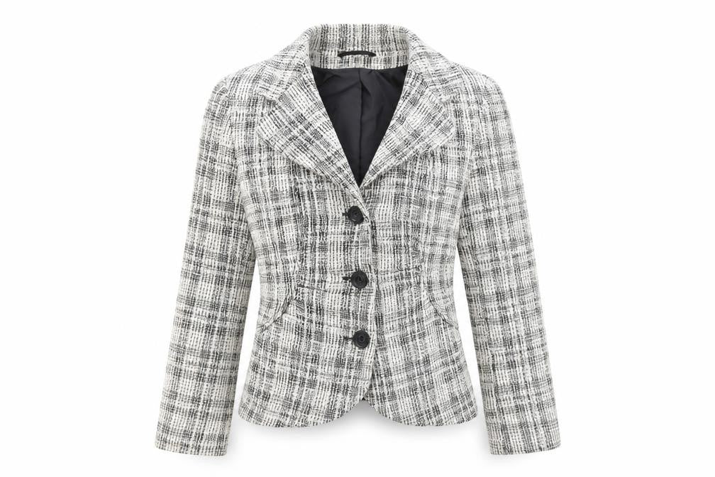 Front view of Wallis women’s ivory plaid jacket, size UK 10
