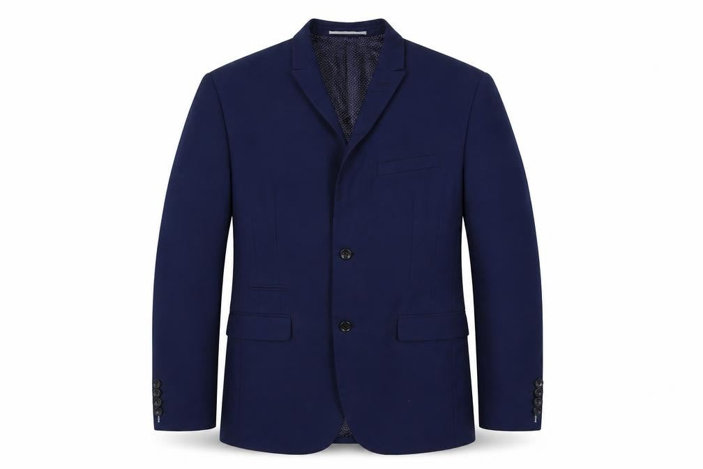Front view of Skopes men’s blue jacket suit jacket, size L