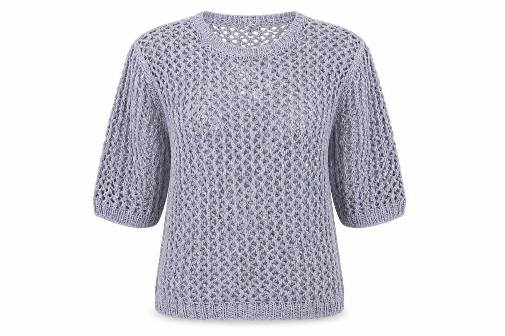Front view of Marks & Spencer women’s blue knit jumper, size UK 10