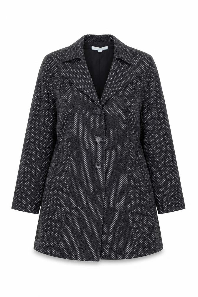 Front view of Aphorism women’s black polka dot overcoat jacket, size UK 14