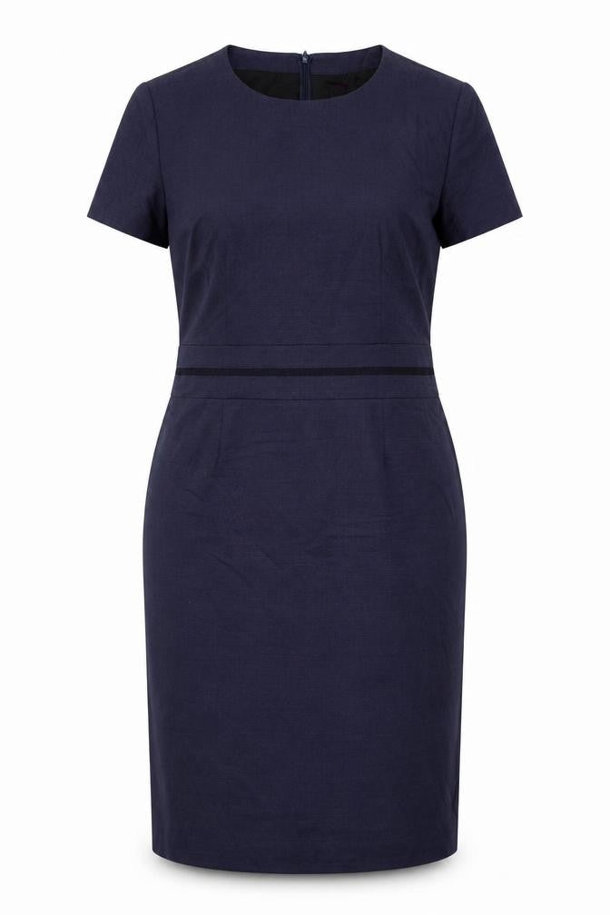 Front view of Grieff women’s blue pencil dress, size UK 12