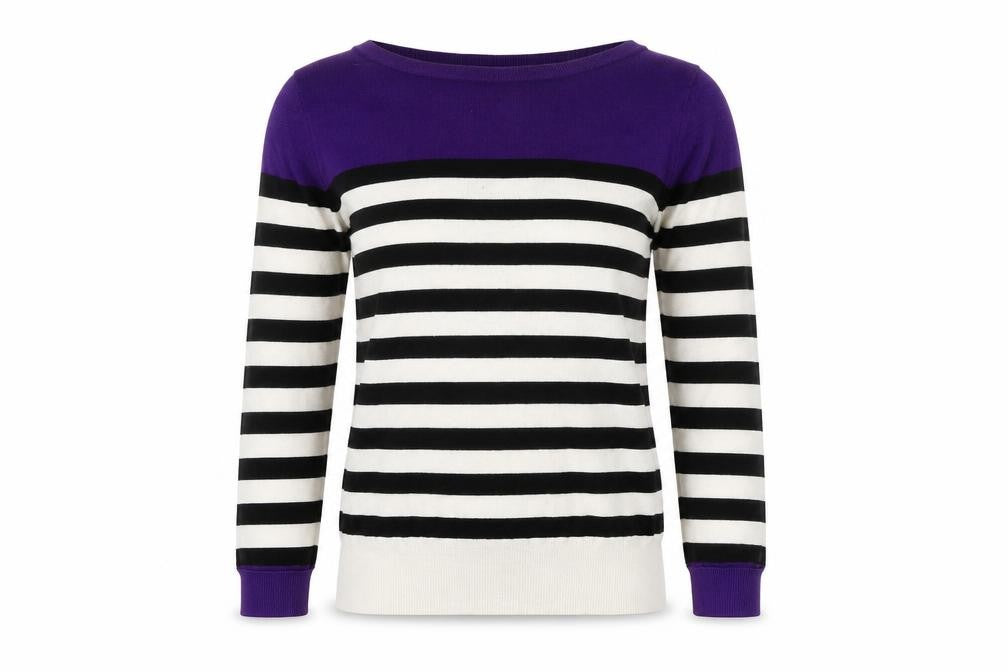 Front view of Autonomy women’s purple striped jumper, size UK 8
