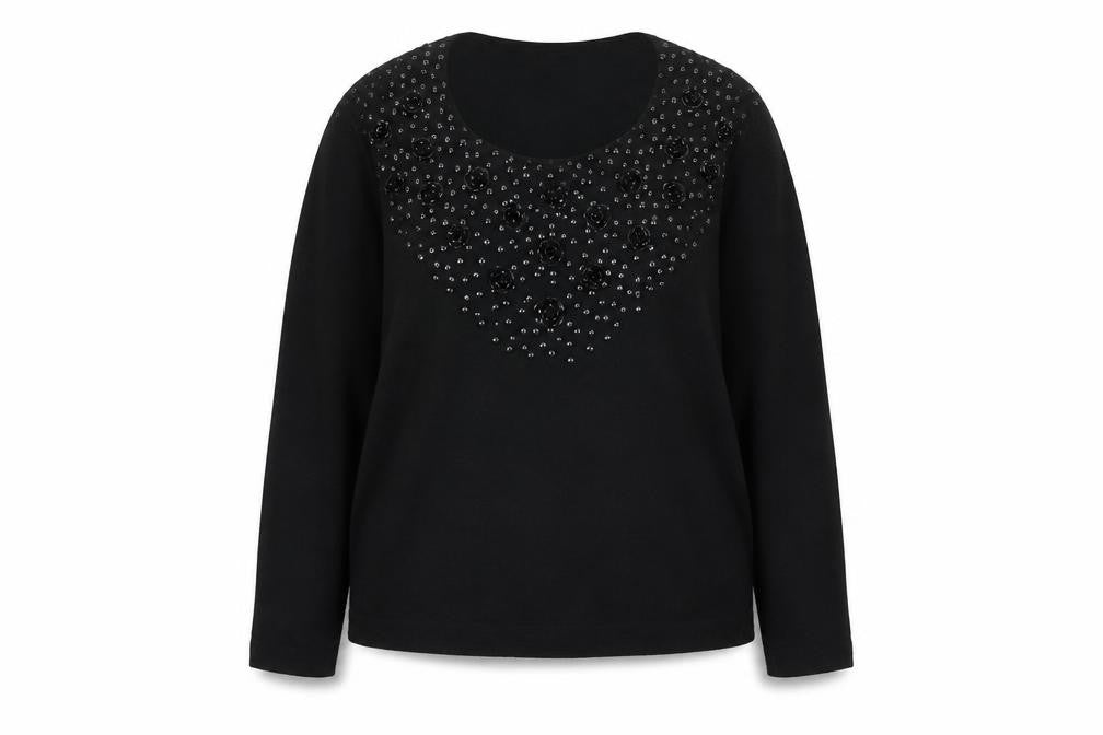Front view of frambears women’s black jumper, size UK 10