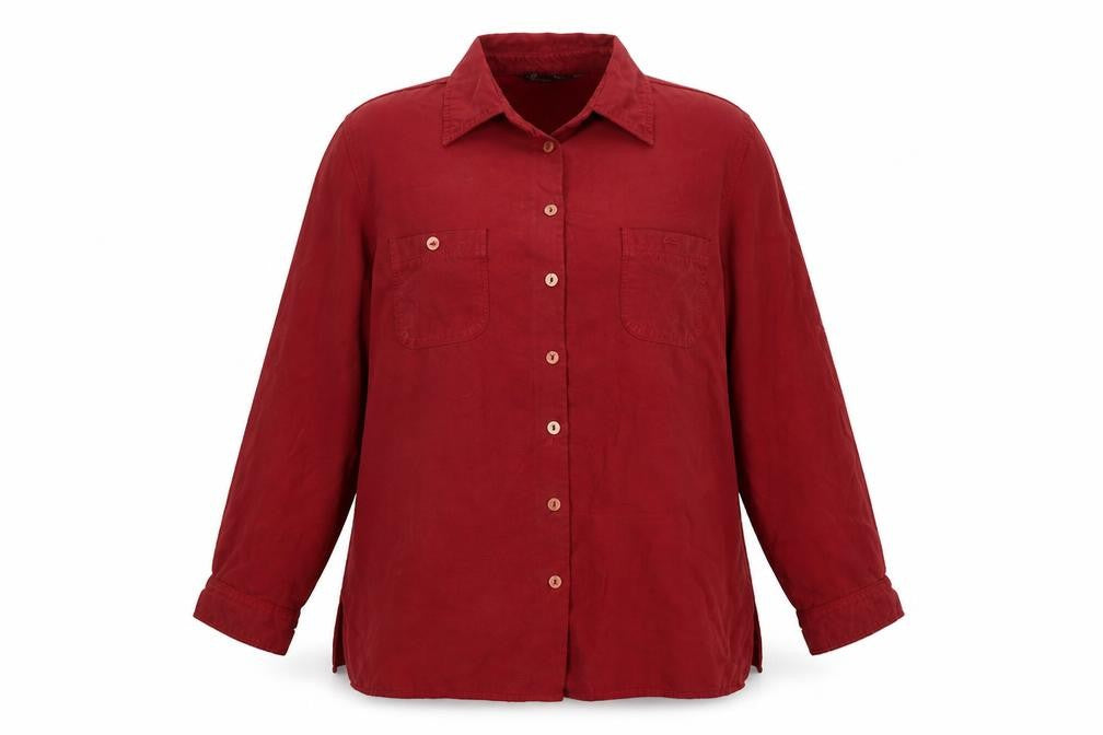 Front view of BHS women’s red basic button-up, size UK 14