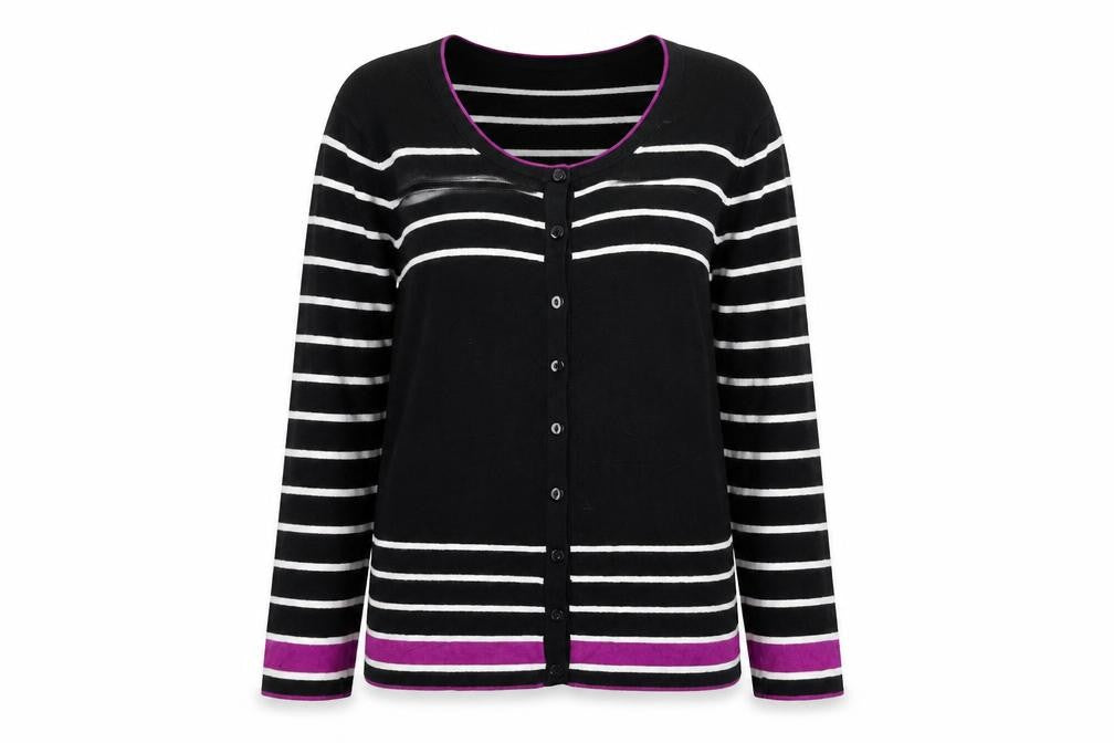 Front view of Precis women’s black striped cardigan jumper, size M