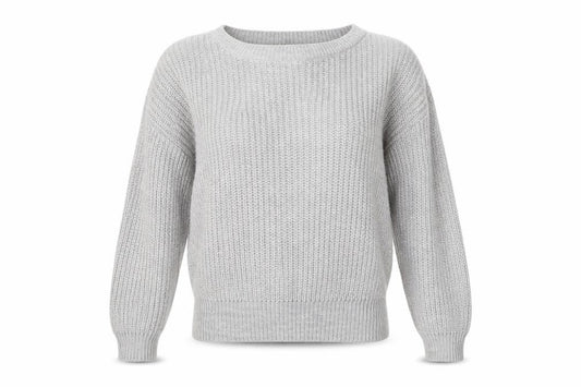 Front view of Boohoo women’s grey knit jumper, size UK 6
