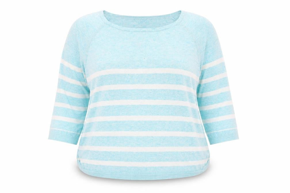 Front view of Tu women’s green striped jumper, size UK 18