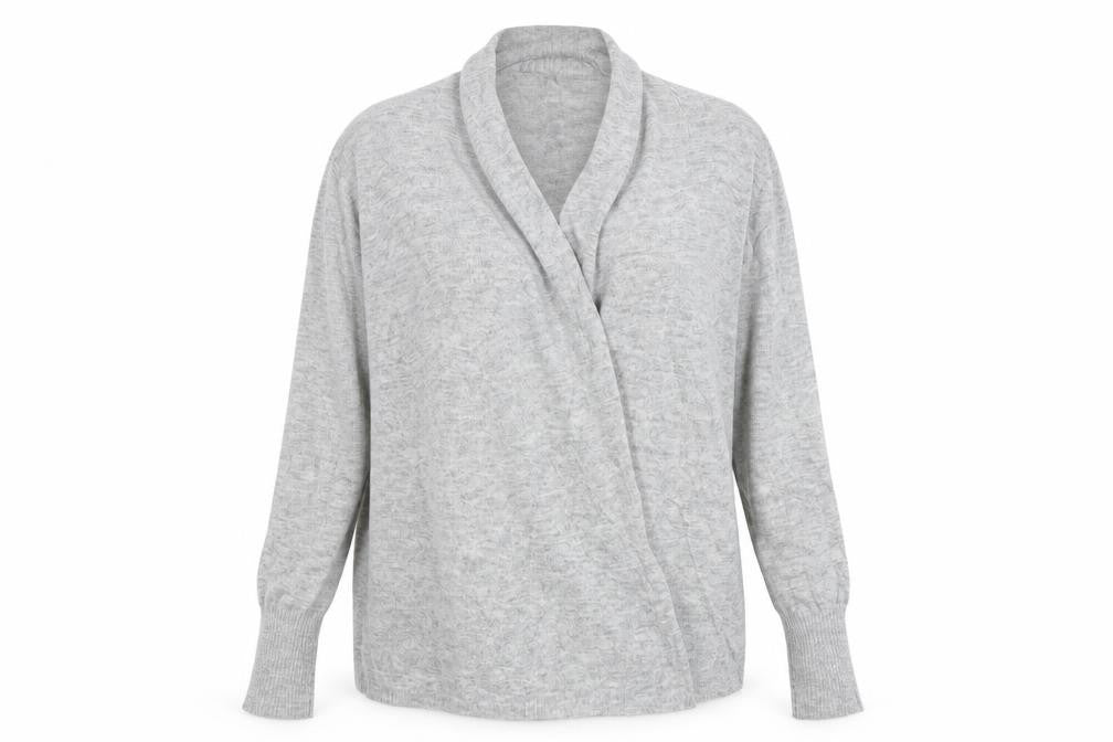 Front view of M&Co women’s grey cardigan jumper, size UK 14