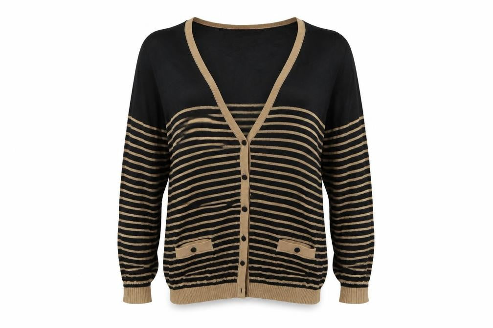 Front view of EWM women’s multicoloured striped cardigan jumper, size M