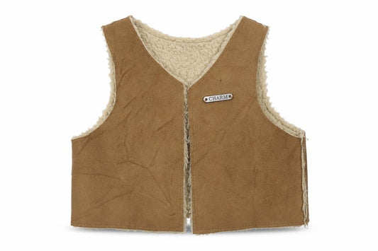 Front view of max girls’ brown vest jumper, size 6-9, months