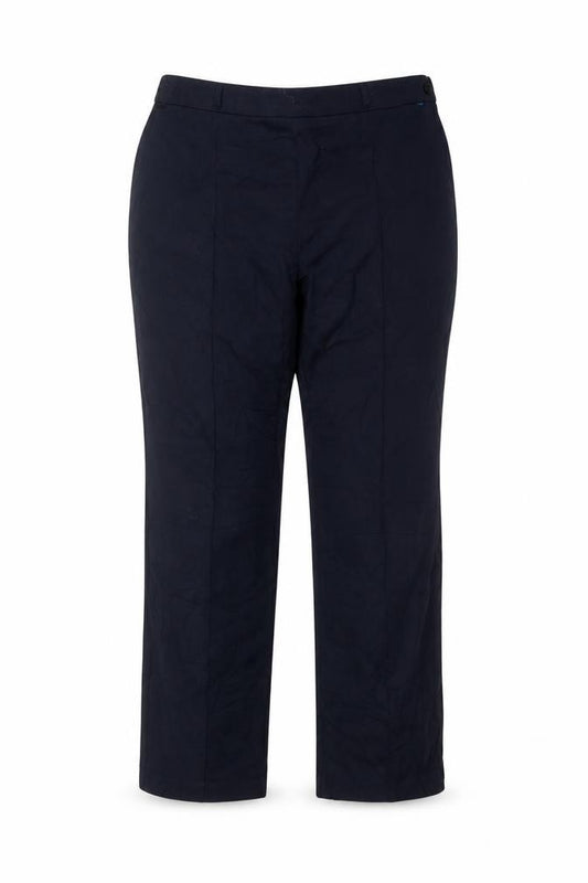 Front view of 1990 collection women’s blue trousers, size UK 20, in, 28-inch leg