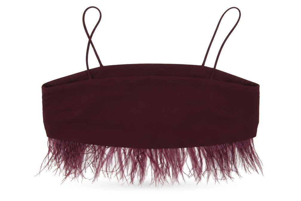 Front view of Topshop women’s purple cropped tank, size UK 10, - feathers