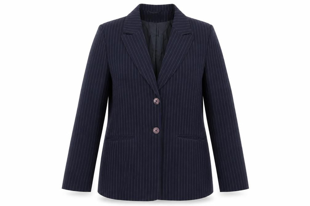 Front view of Equiation women’s blue striped jacket suit jacket, size UK 14
