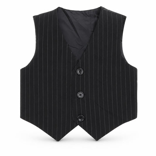 Front view of Preworn boys’ black striped jacket waistcoat, size 3-6, months