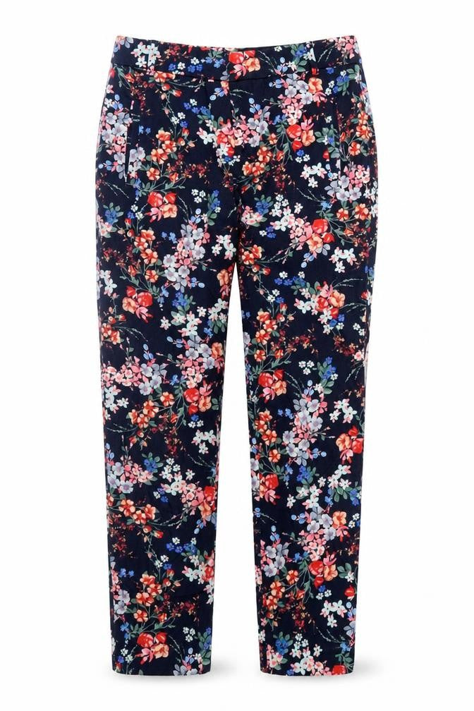 Front view of Stradivarius women’s multicoloured floral trousers, size UK 6, 24-inch leg