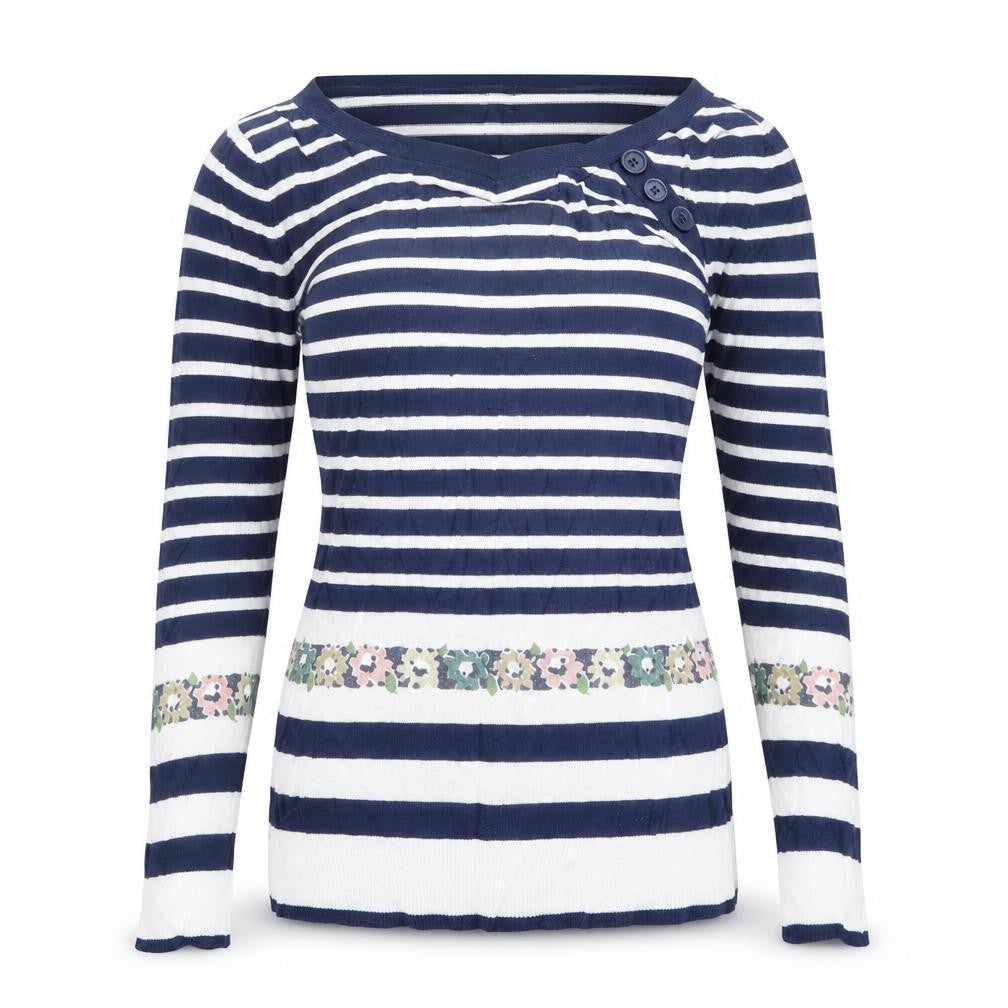 Front view of New Look women’s blue striped knit jumper, size UK 10