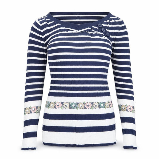 Front view of New Look women’s blue striped knit jumper, size UK 10
