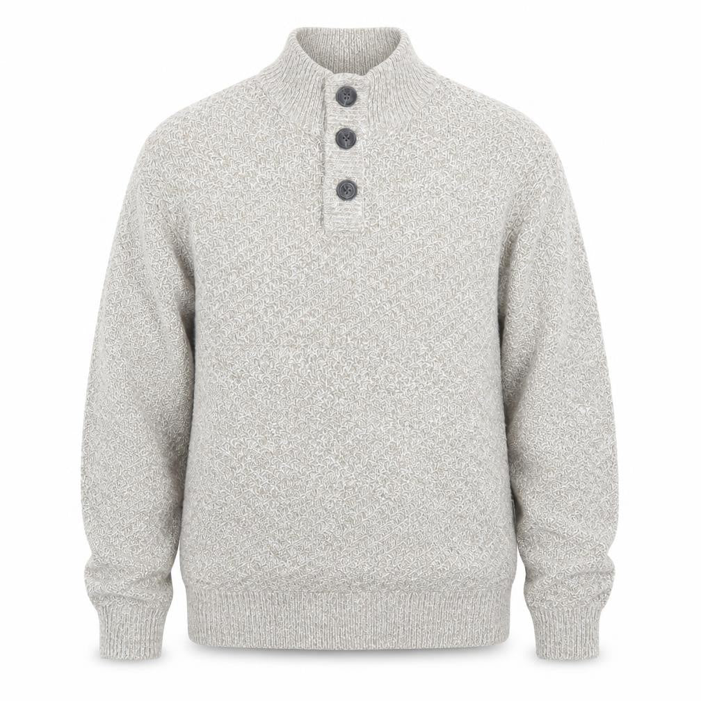 Front view of Easy men’s beige knit pullover sweatshirt, size L