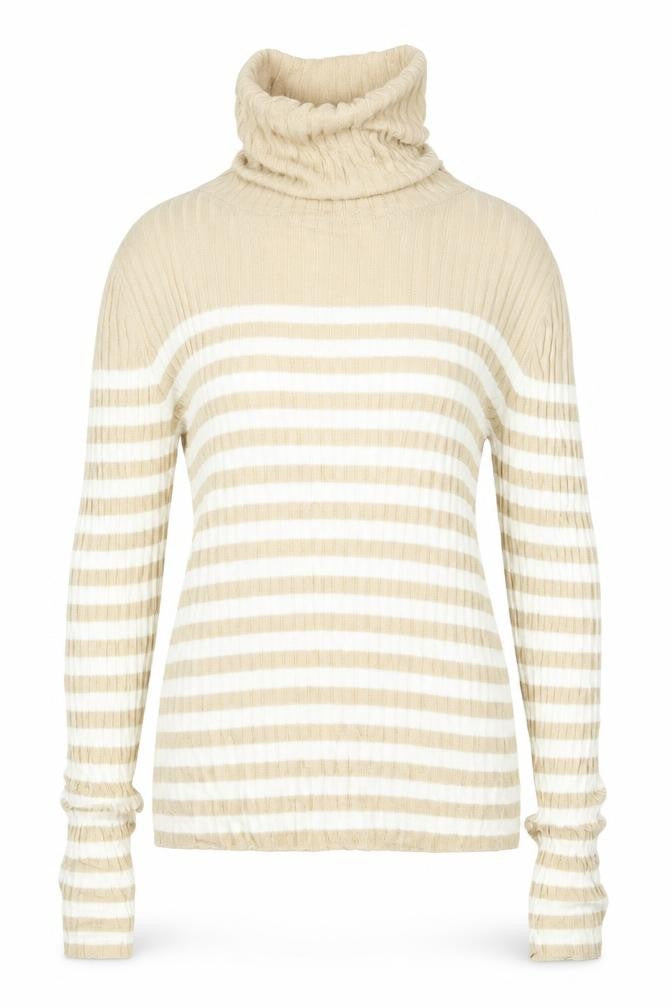 Front view of BHS women’s beige striped knit jumper, size UK 10