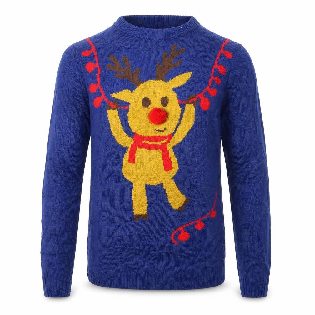 Front view of The Christmas Workshop men’s blue knit jumper, size S, - christmas