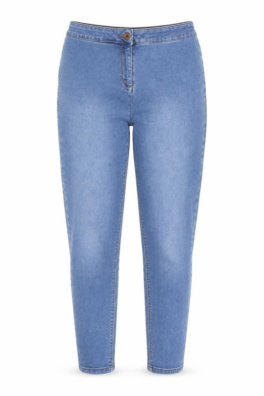 Front view of Papaya women’s blue denim straight jeans, size UK 12, 28-inch leg