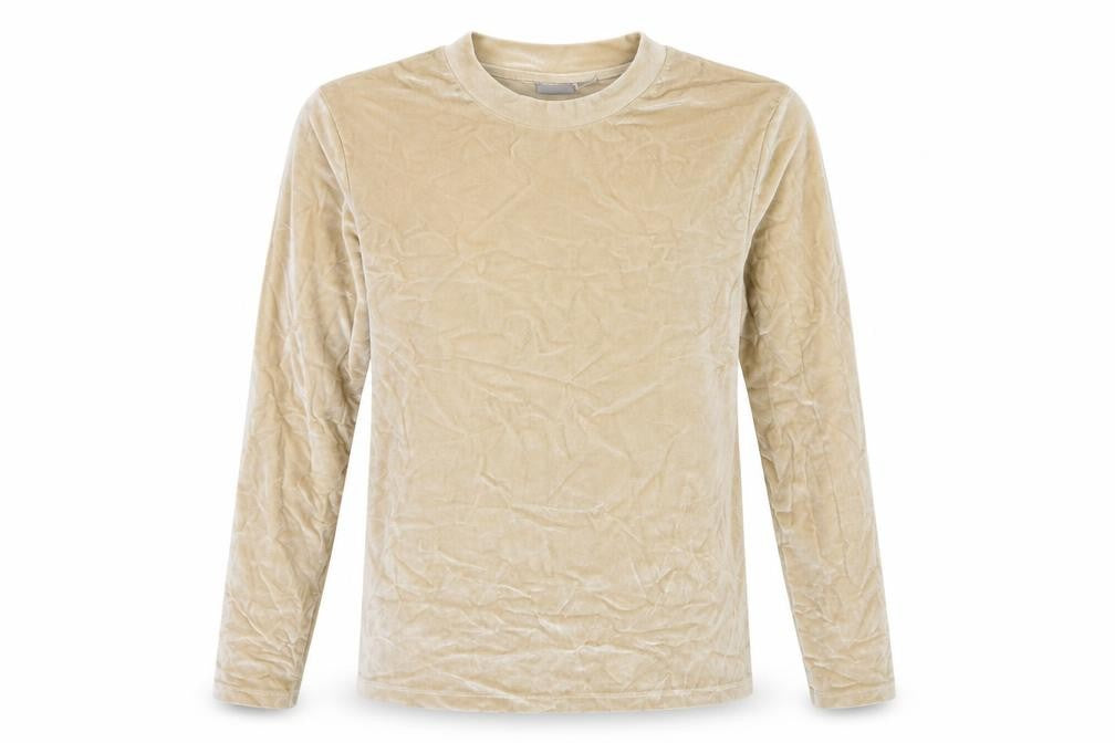 Front view of ASOS women’s gold velour pullover sweatshirt, size M