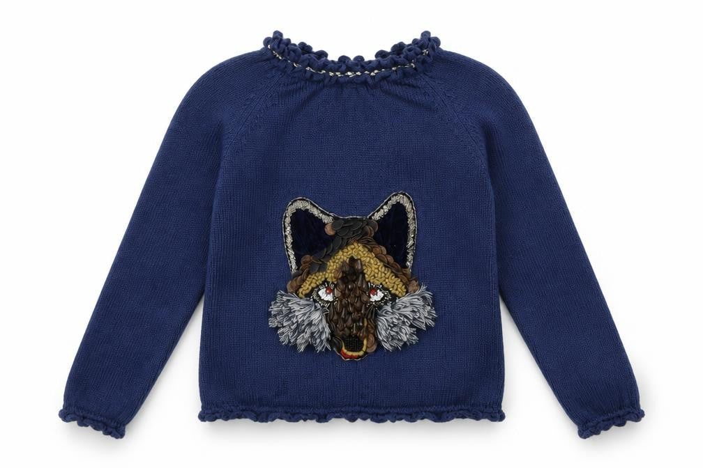 Front view of LOLITTOS girls’ blue knit jumper, size 6, years - wolf