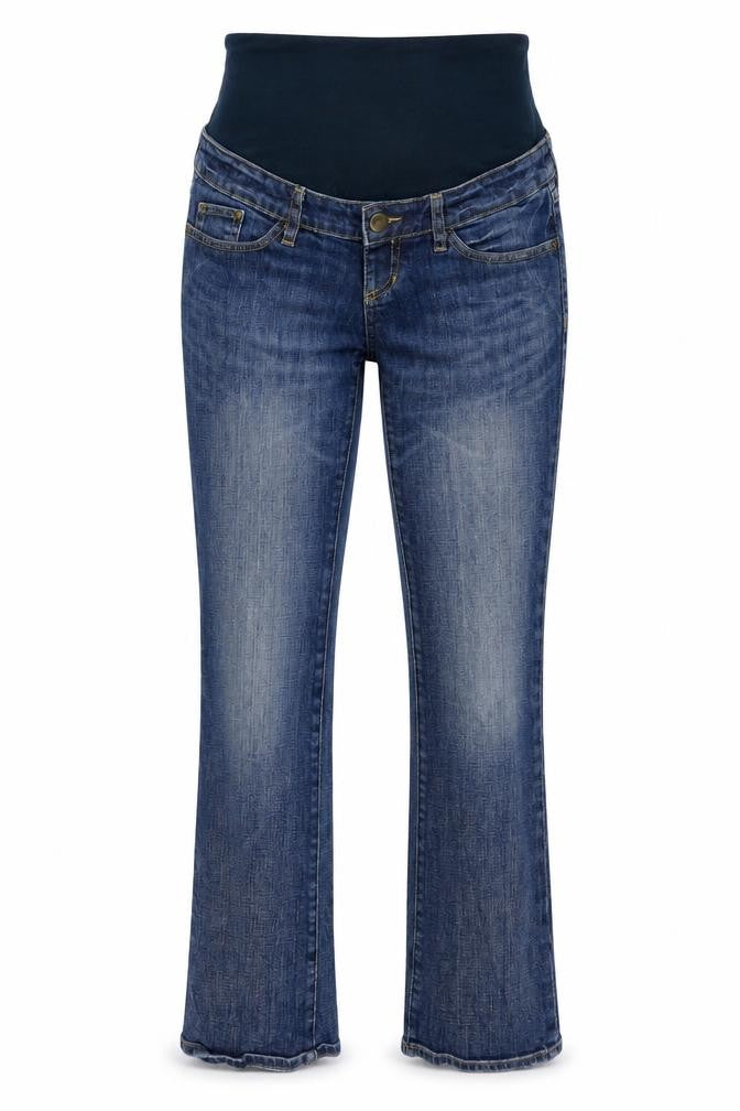Front view of H&M women’s blue denim straight jeans, size UK 8, 31-inch leg