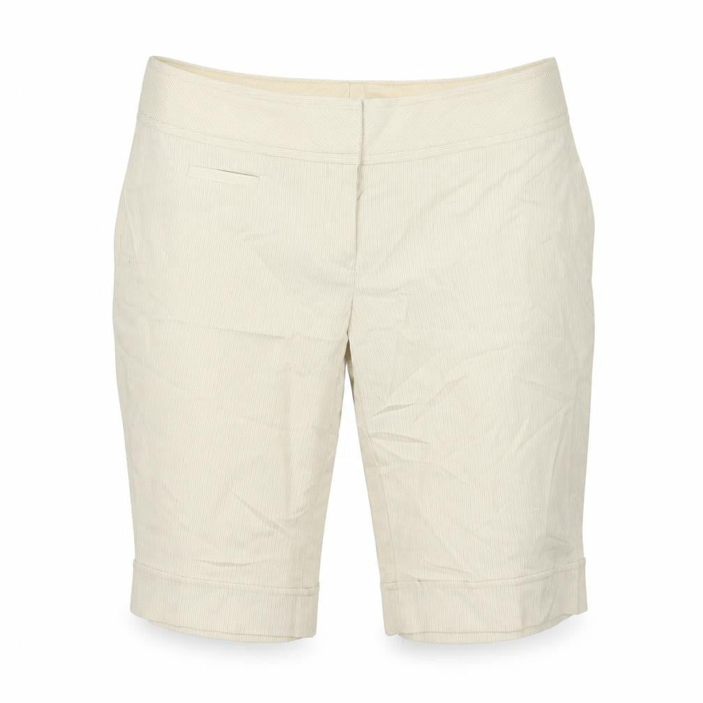 Front view of Studio Y women’s beige striped chino shorts, size UK 36, in