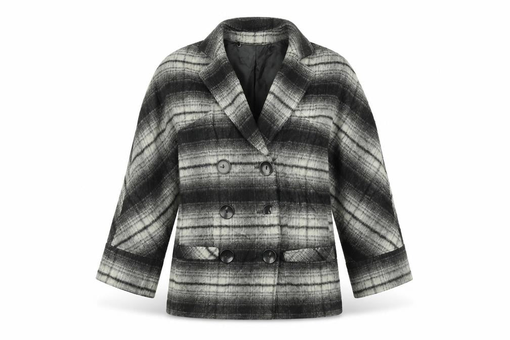 Front view of Signature women’s black plaid overcoat coat, size UK 6