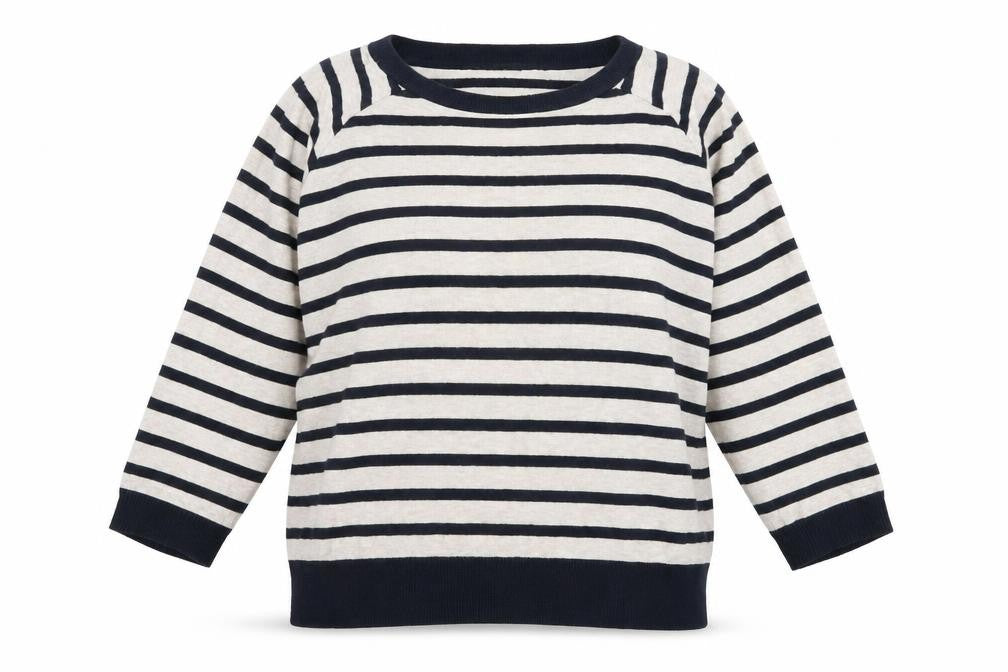 Front view of Warehouse women’s multicoloured striped jumper, size UK 10