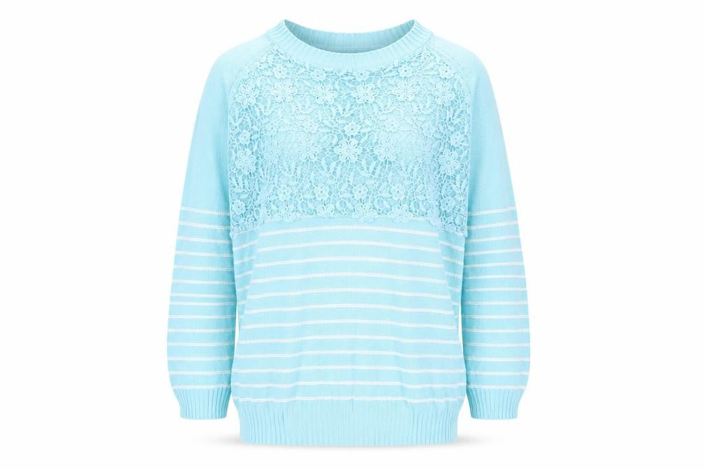 Front view of Cotton Traders women’s blue striped jumper, size UK 14, -, size UK 14-16