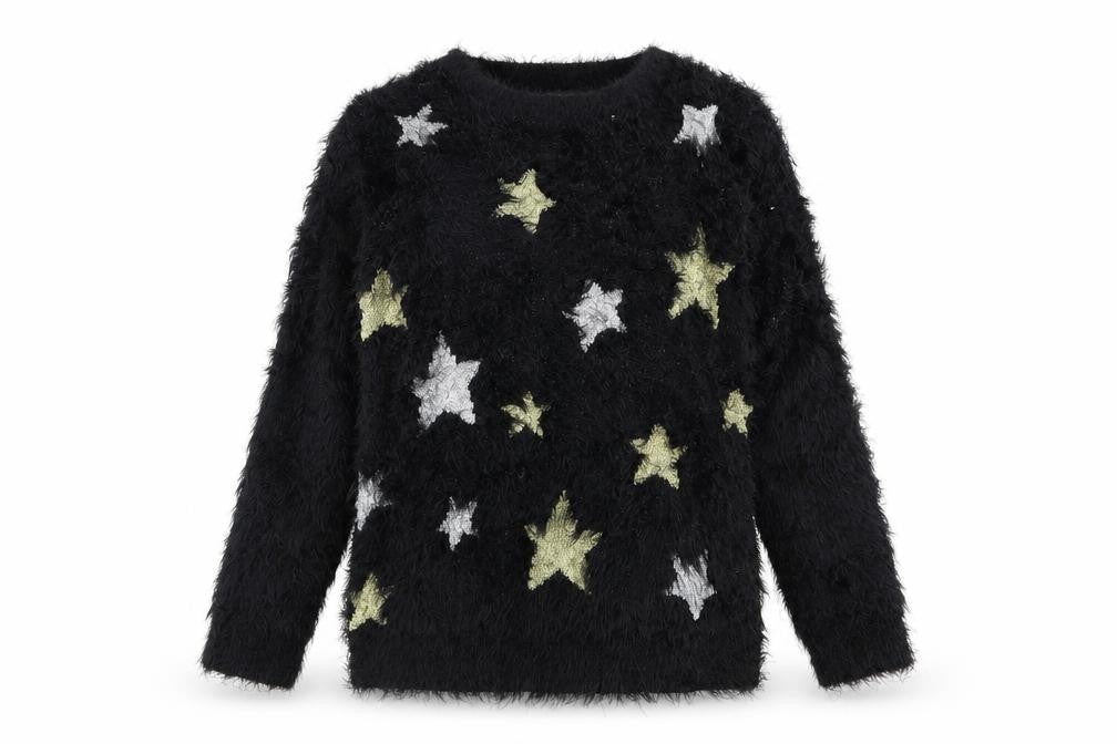 Front view of lookagain women’s black jumper, size UK 8, - star detail