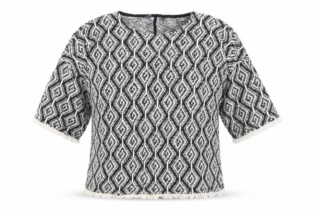 Front view of Preworn women’s multicoloured geometric jumper, size UK 16