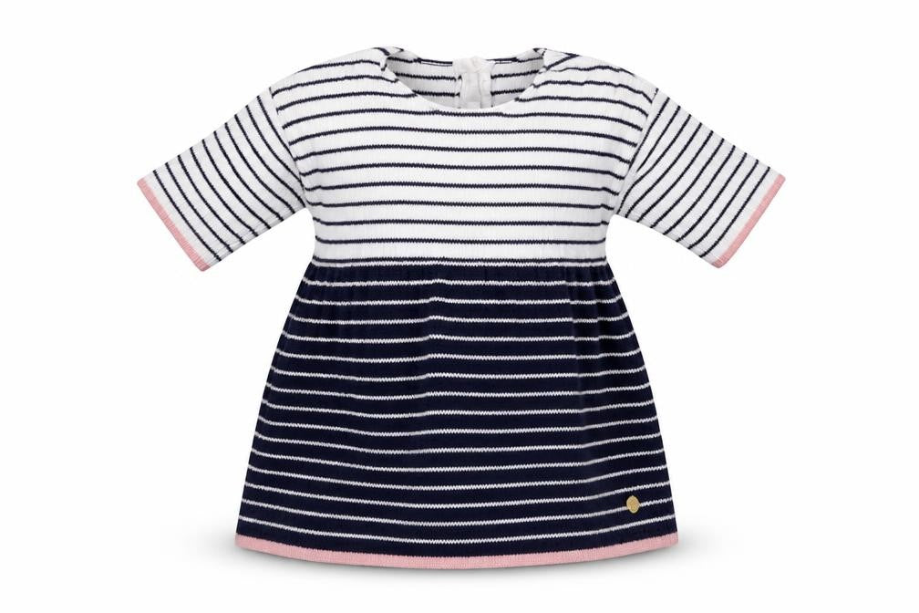 Front view of Marks & Spencer girls’ blue striped a-line, size 0-3, months