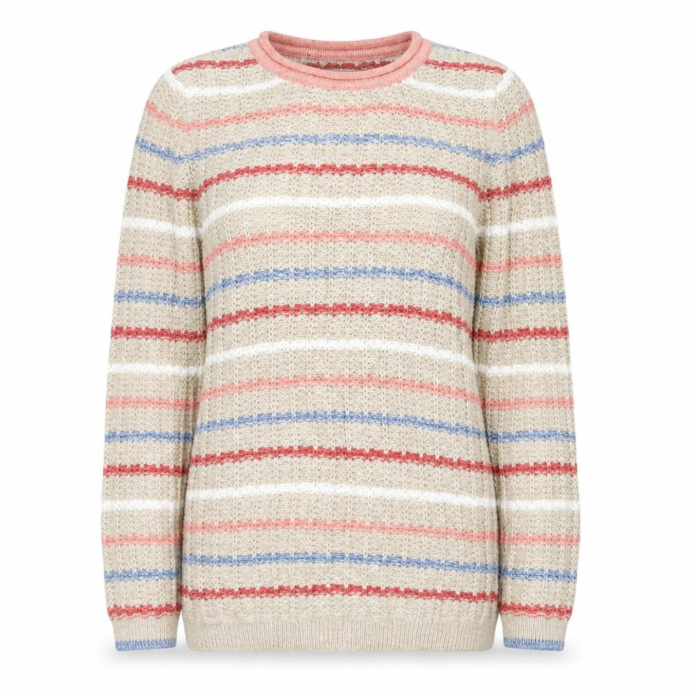 Front view of isle women’s beige striped jumper, size UK 10
