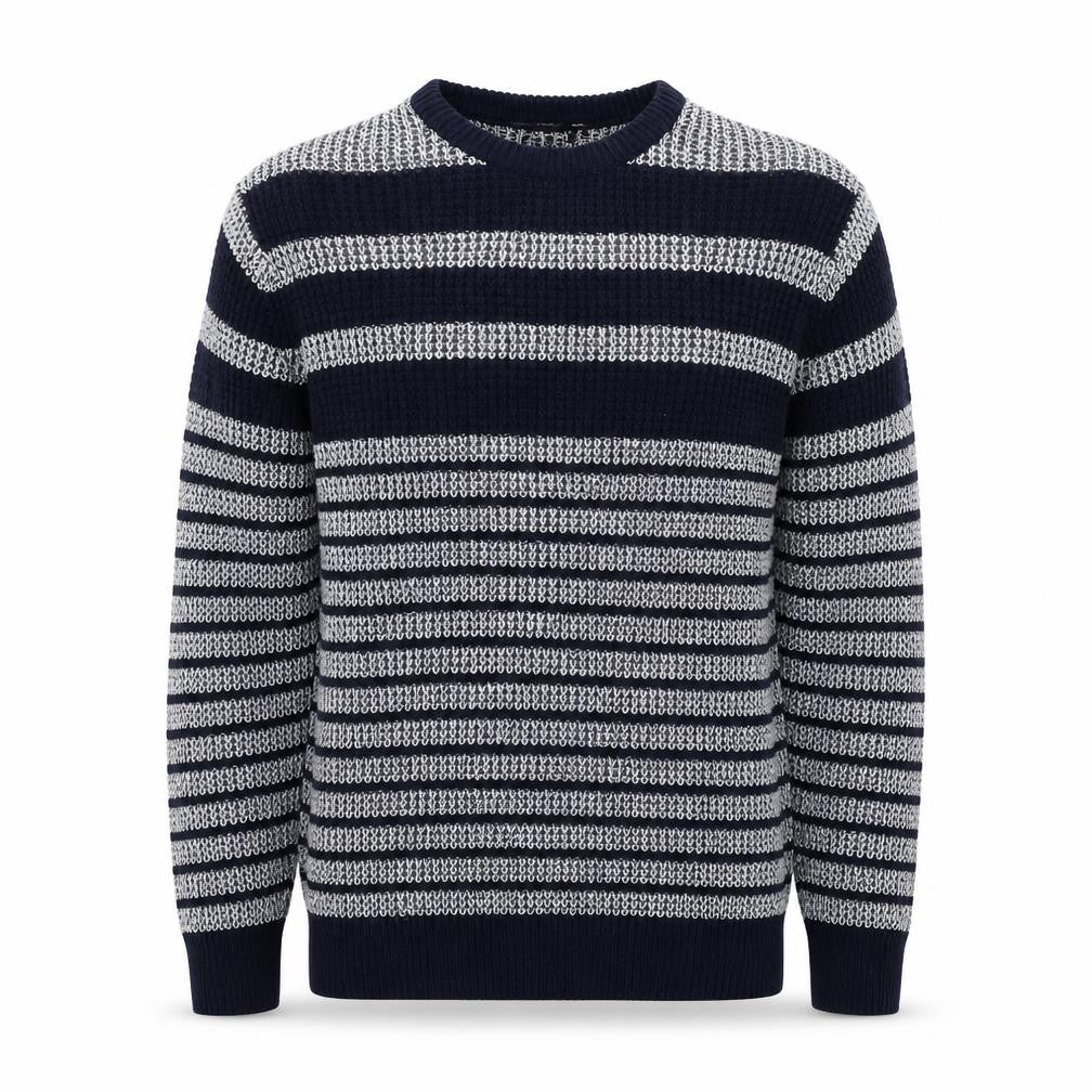 Front view of Primark men’s blue striped jumper, size S