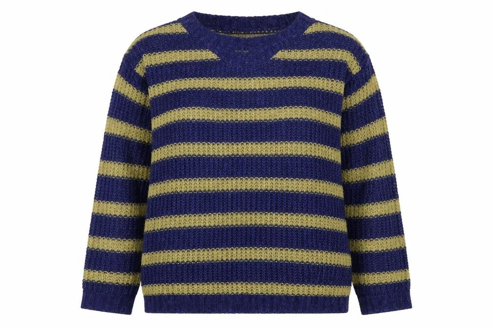 Front view of Louche women’s blue striped jumper, size UK 10