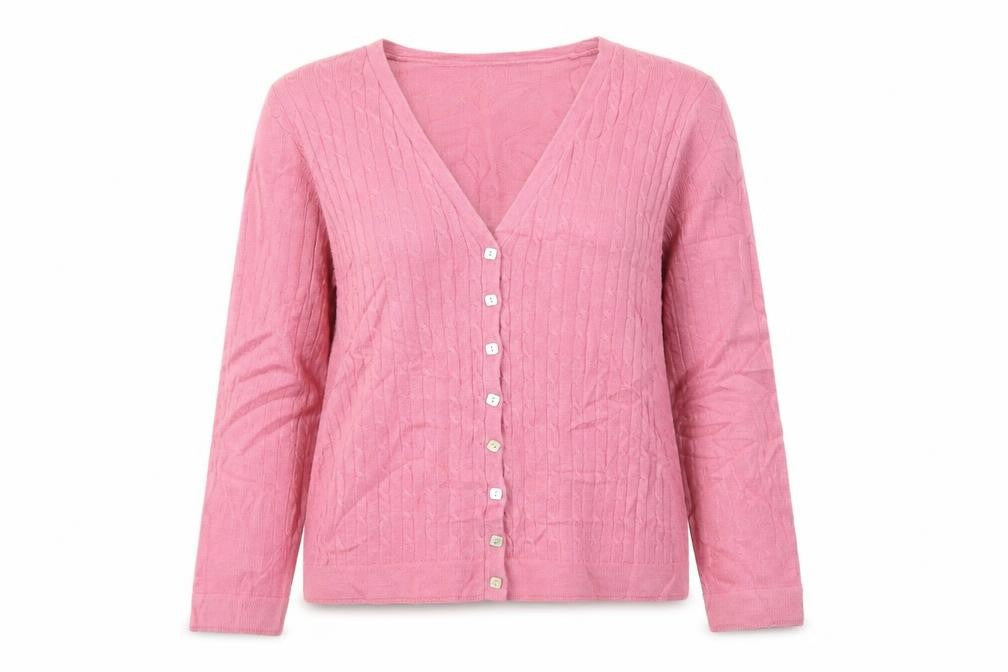 Front view of Bonmarché women’s pink cardigan jumper, size S