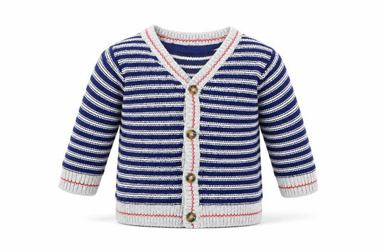 Front view of Mini Club boys’ blue striped cardigan jumper, size 0-3, months