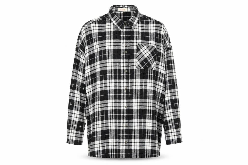 Front view of RISETTE women’s black check basic button-up, size S