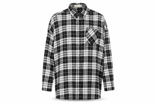 Front view of RISETTE women’s black check basic button-up, size S