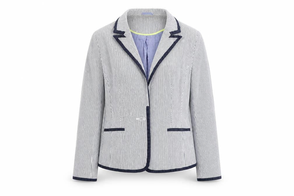 Front view of Tu women’s blue striped jacket blazer, size UK 12