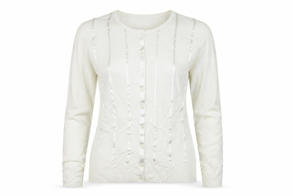 Front view of Marks & Spencer women’s white knit cardigan jumper, size UK 12