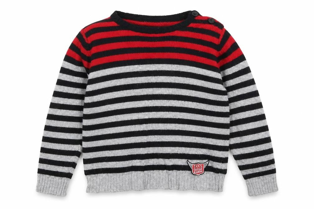 Front view of IKKS boys’ multicoloured striped knit jumper, size 6, years