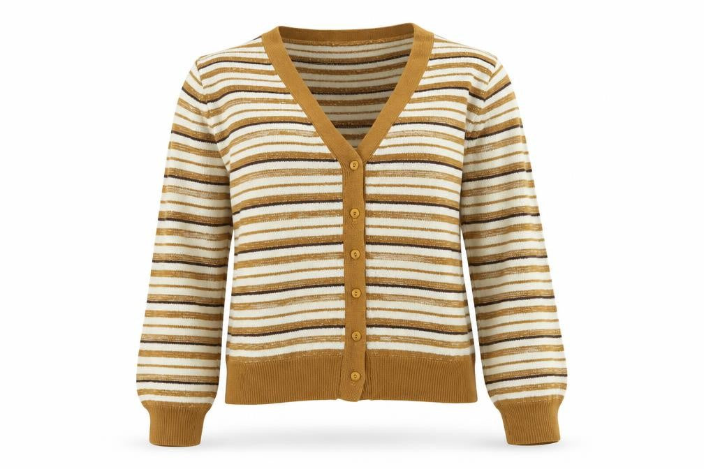 Front view of Maille women’s multicoloured striped knit cardigan jumper, size M