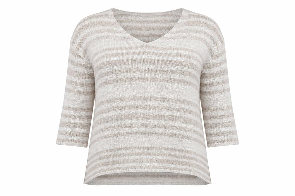 Front view of Per Una women’s grey striped knit jumper, size UK 14