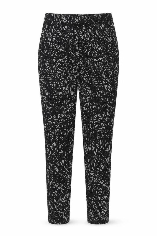 Front view of Drykorn women’s black geometric trousers, size UK 28, in, 25-inch leg